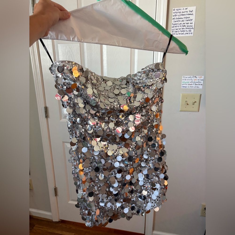 Forever 21 Silver Sequin Strapless Mini Dress